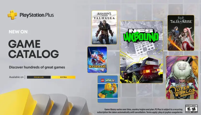 Okładka gry Need for Speed Unbound na PS4, obok Assassin's Creed Valhalla, Roguebook, Tales of Arise i The Outer Worlds.