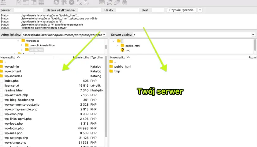 FileZilla pokazuje, jak zainstalować WordPress na serwerze, przesyłając pliki do katalogu public_html.