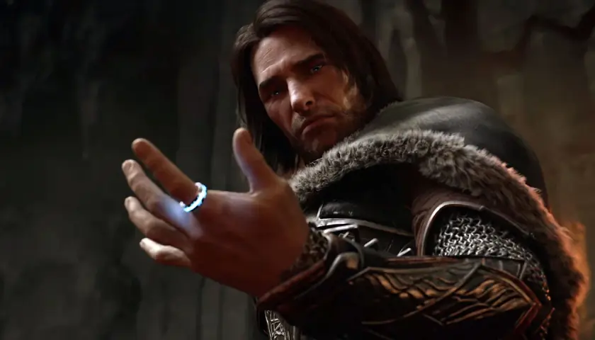 Talion z Middle-earth: Shadow of War z magicznym pierścieniem na palcu, gotowy do walki.