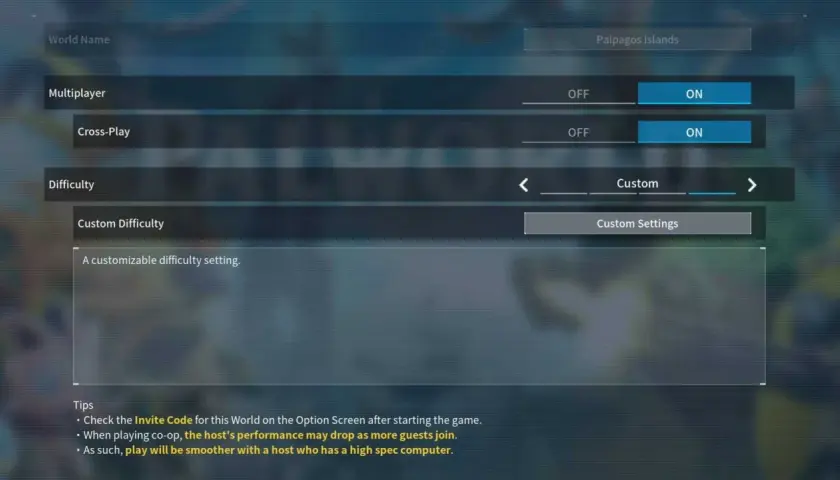Ustawienia gry Palworld: włączony multiplayer i crossplay, trudność niestandardowa.