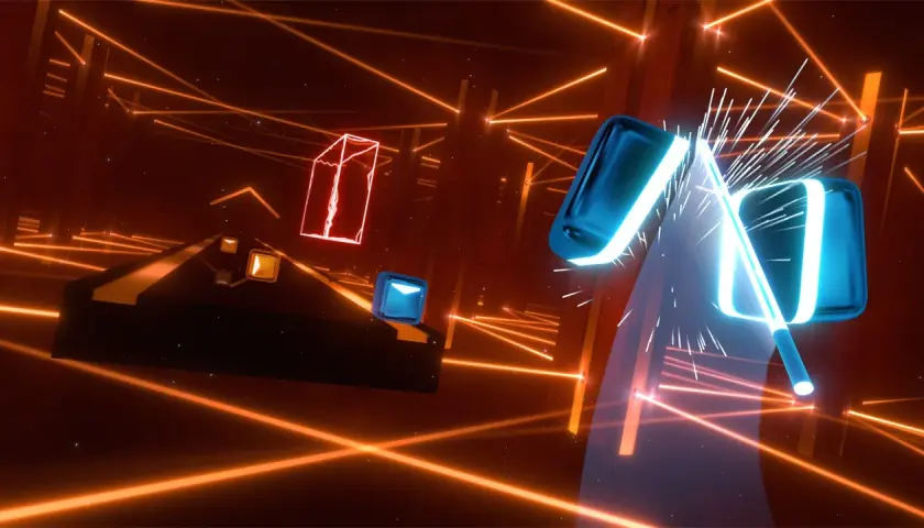 Wirtualna rzeczywistość w grze Beat Saber VR2: niebieskie miecze przecinają pomarańczowe linie i kostki w rytm muzyki.