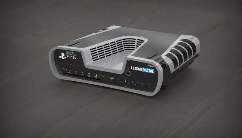 Nietypowy ps5 dev kit z licznymi portami i wskaźnikami, prototyp dla deweloperów.