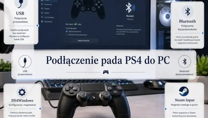 Podłączanie pada PS4 do PC: USB (przewodowo) dla stabilności, Bluetooth (bezprzewodowo) dla swobody. DS4Windows i Steam Input ułatwiają grę.