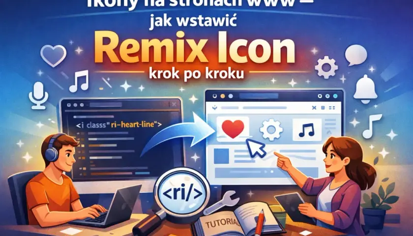 Ilustracja pokazuje, jak dodać ikonę strony html. Dwie osoby pracują przy komputerach, a na ekranach widać kod i gotową stronę z ikonami.