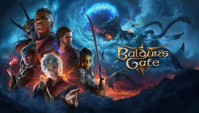 Postacie z Baldur's Gate 3 na tle burzowych chmur i smoków. Gra dostępna w ramach Game Pass.