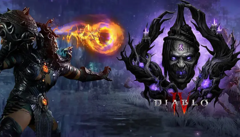 Postać z Diablo 4 nowy sezon rzuca zaklęcie ognia. Obok przerażająca twarz w koronie z gałęzi i logo gry.