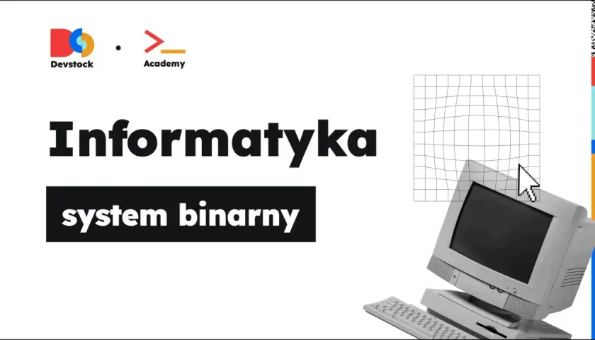 Informatyka: jak odcyfrowywac system binarny. Stary komputer i siatka z kursorem myszy.