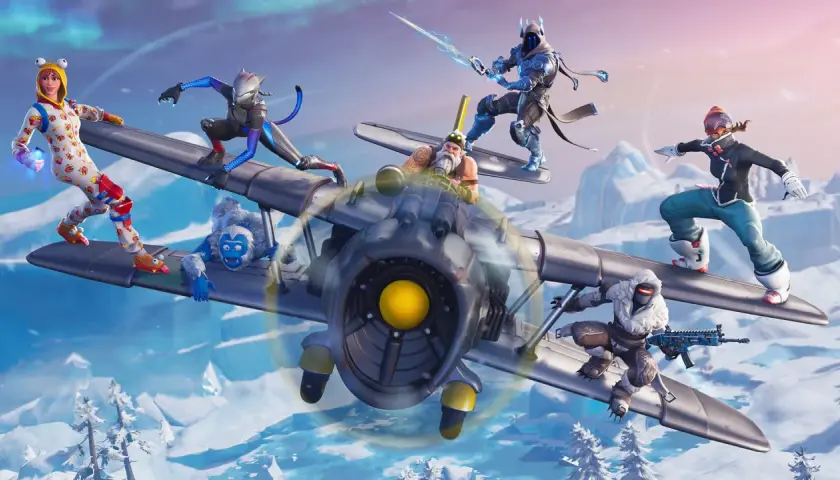 Postacie z Fortnite na samolocie, jakby świętowały ile jest sezonów w Fortnite. W tle zimowy krajobraz.