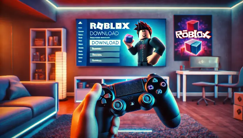 Gotowe do gry w Roblox na PS4 po polsku! Ekran telewizora pokazuje opcję pobierania, a w ręce trzymasz kontroler.