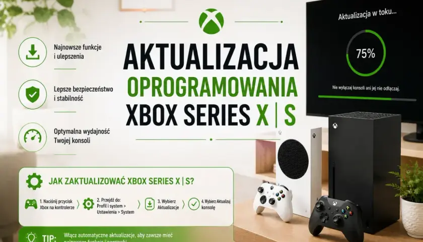 Aktualizacja oprogramowania Xbox Series X|S zapewnia najnowsze funkcje i poprawki. Na ekranie widać postęp 75%.