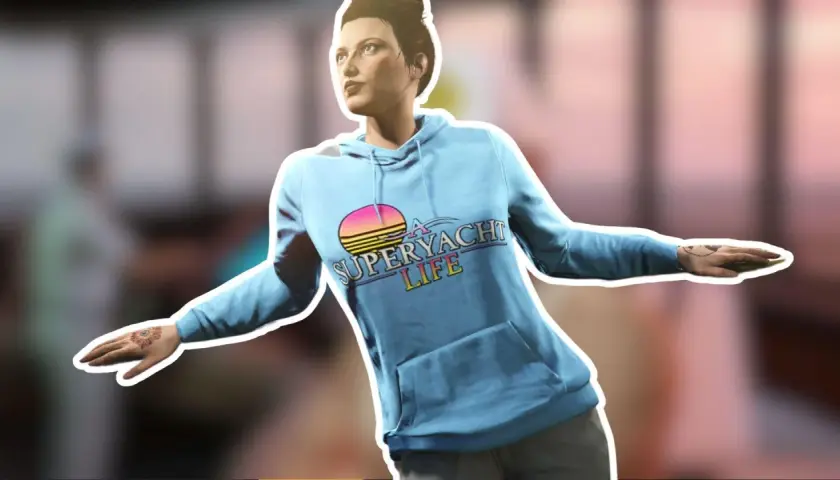 Kobieta w błękitnej bluzie z napisem "Superyacht Life" na tle zachodzącego słońca, jakby z gry GTA 5 na Nintendo Switch.