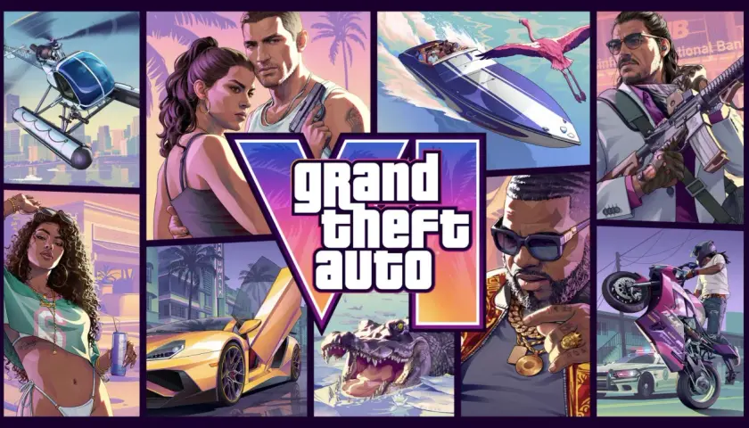 Kolaż z gry PS4 GTA 6: helikopter, para, łódź, mężczyzna z bronią, kobieta, samochód, aligator, raper i motocyklista.