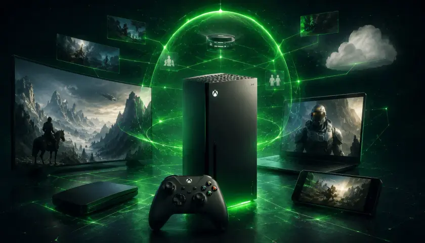 Xbox Series X w centrum cyfrowego świata, otoczony ekranami z grami, kontrolerem i chmurą. Premiera Xbox One X była przełomem.