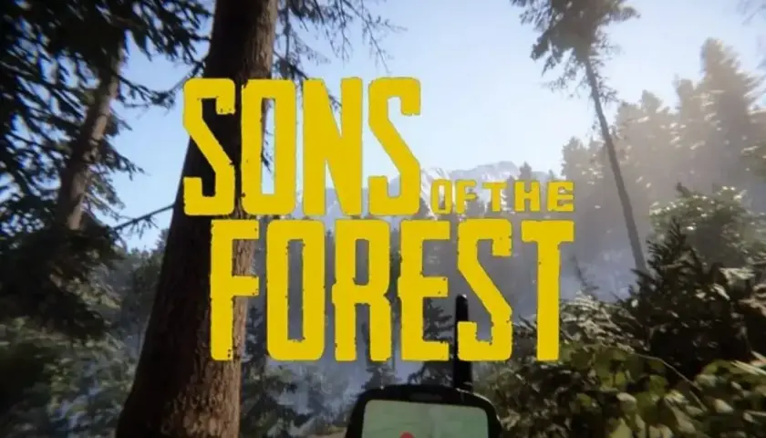 Napis "Sons of the Forest" na tle gęstego lasu i gór. Widać też fragment urządzenia z mapą, jakby gracza w grze "the forest 2 ps5".