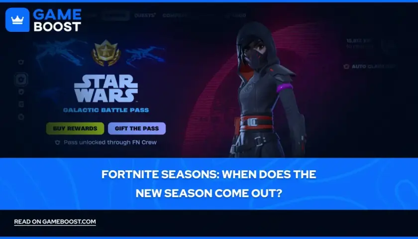 Postać z gry Fortnite w stroju z motywem Gwiezdnych Wojen. Widoczny napis "Galactic Battle Pass" sugeruje, który jest sezon Fortnite.