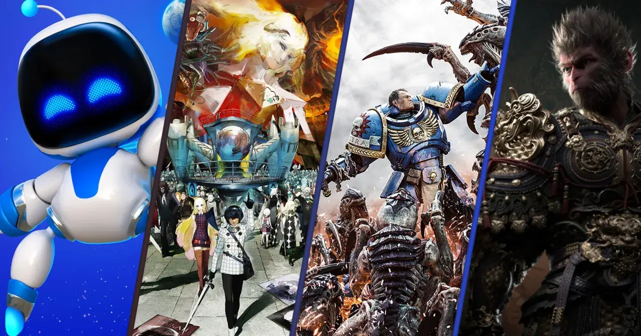 Astro Bot, postacie z gry Persona, Space Marine walczący z potworami i wojownik w zbroi – kolaż przedstawiający najpopularniejsze gry komputerowe.