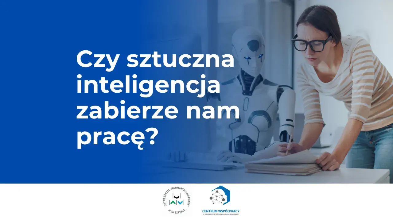 Kobieta pochyla się nad dokumentami, obok niej stoi robot. Czy sztuczna inteligencja zastąpi człowieka w pracy?