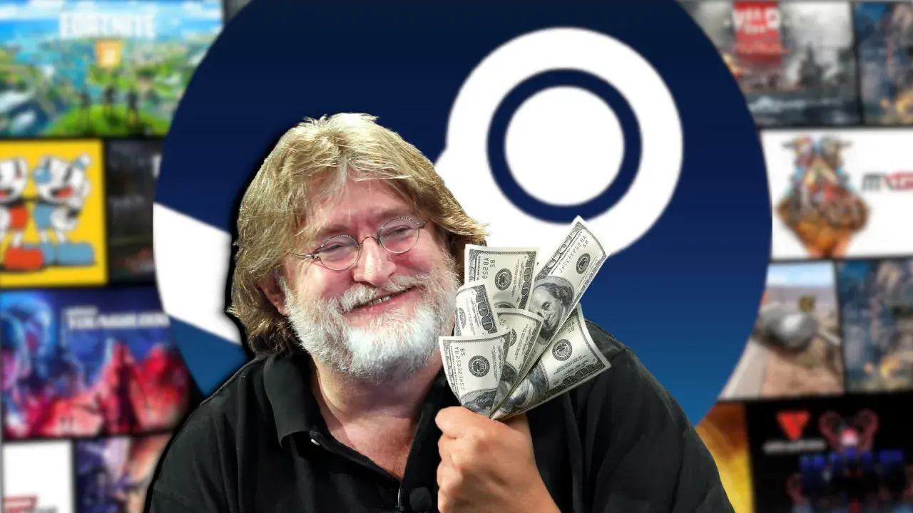 Gabe Newell z kupką dolarów, w tle logo Steam i okładki fajne gry na Steam.