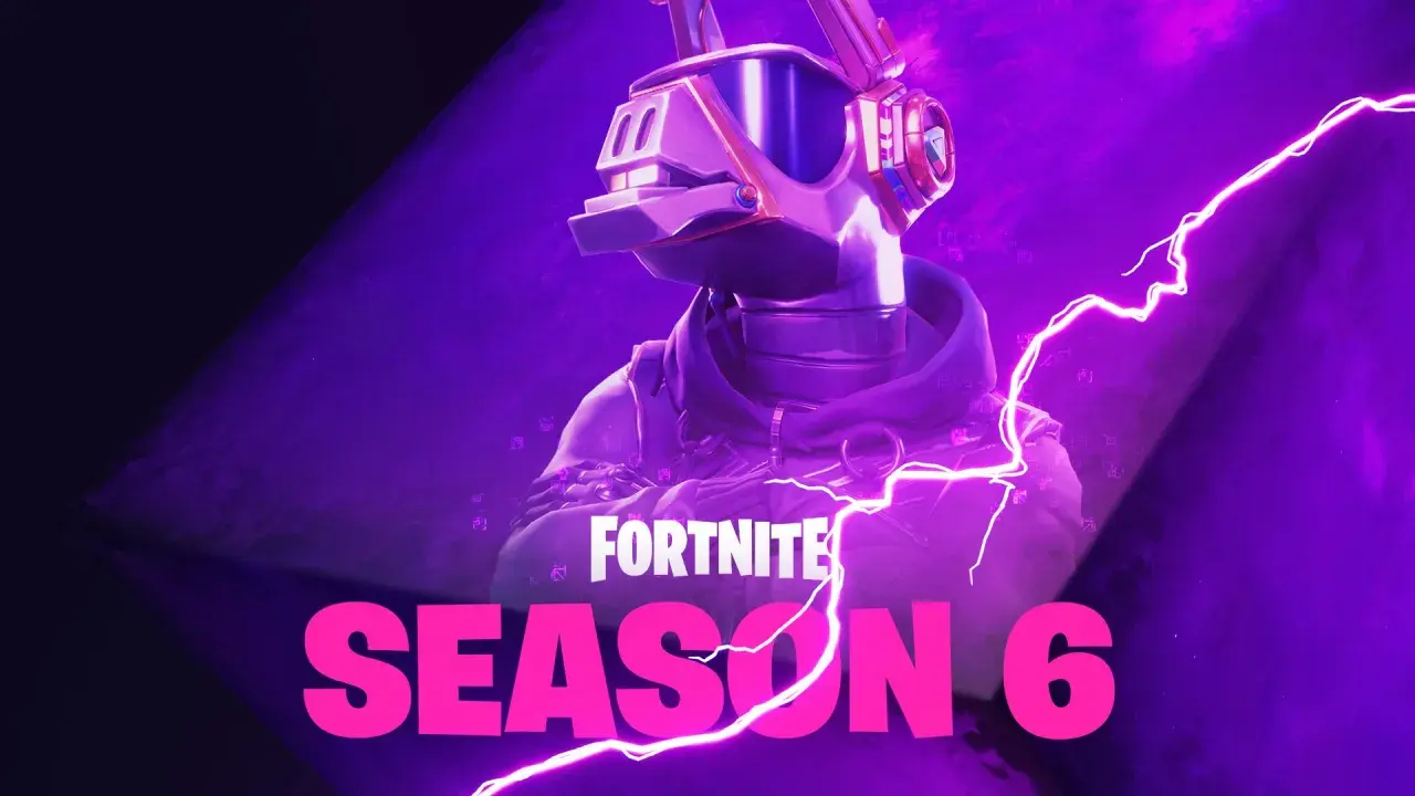 Postać w hełmie z goglami, otoczona fioletowymi błyskawicami. Napis "FORTNITE SEASON 6" w neonowych barwach.