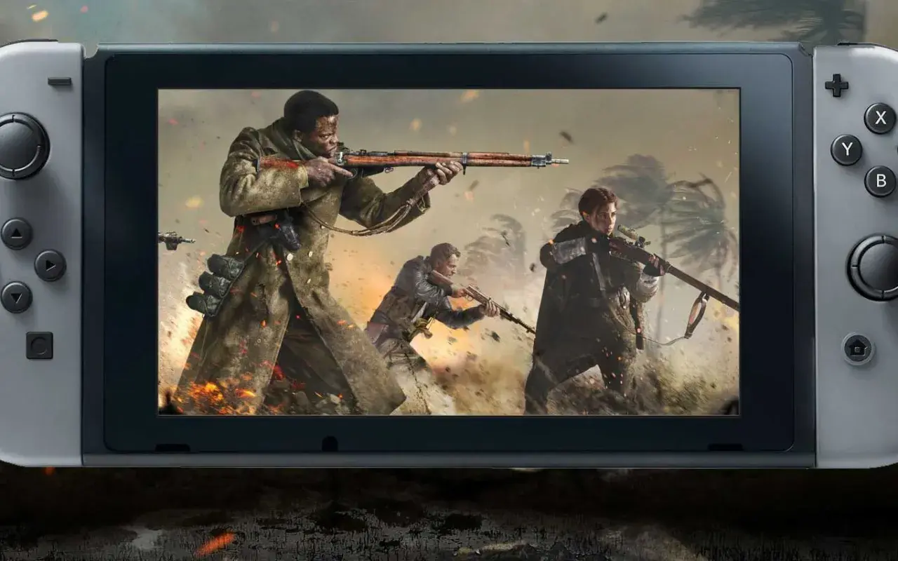 Call of Duty na Nintendo Switch: żołnierze w akcji, wybuchy i tropikalne krajobrazy.