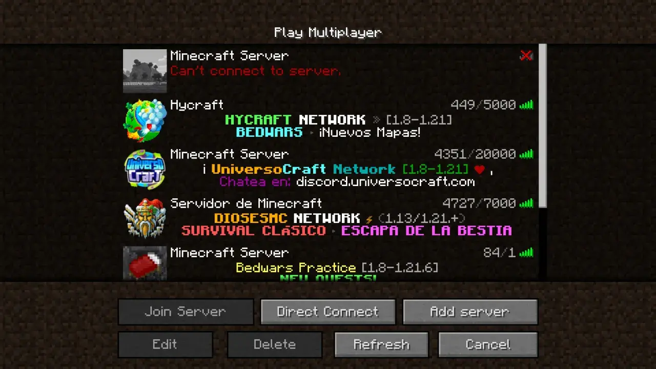 Lista serwerów Minecraft, w tym Hycraft i UniversoCraft. Brak wpisu Hypixel IP, ale można dodać nowy serwer.