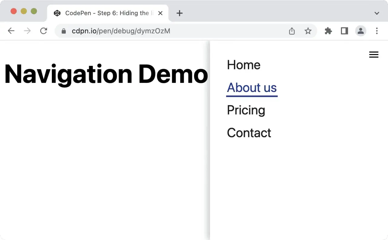 Strona "Navigation Demo" z menu: Home, About us, Pricing, Contact. Pokazuje, jak zrobić kotwicę HTML.