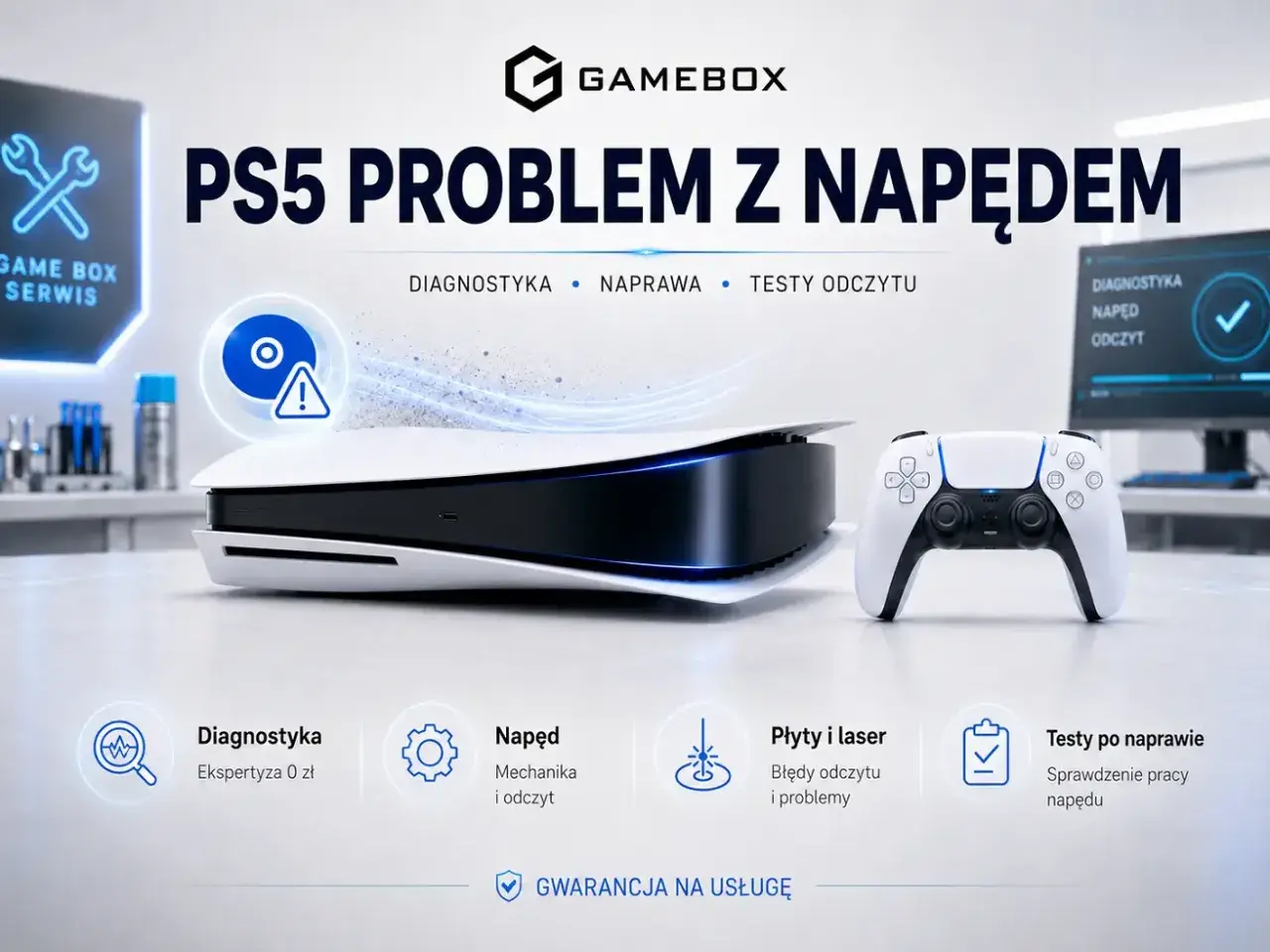 Konsola PS5 z problemem napędu. Serwis Gamebox oferuje diagnostykę, naprawę i testy odczytu.