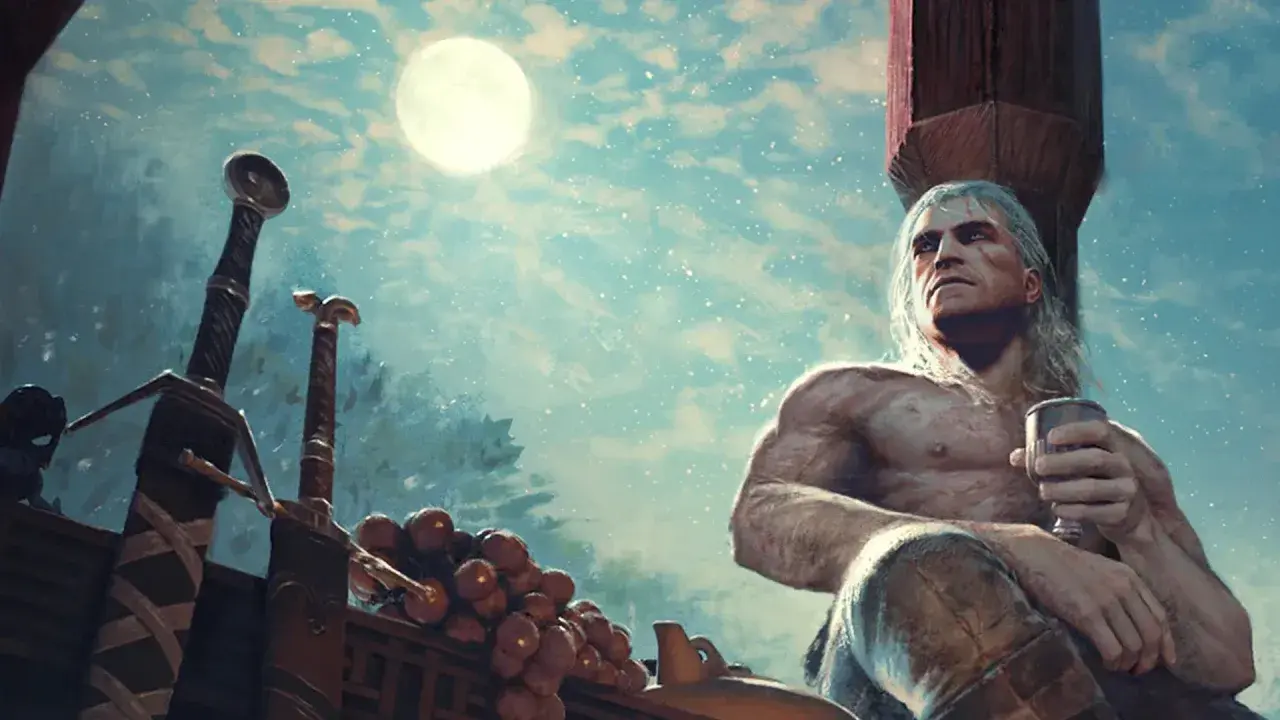 Geralt z Rivii, z kielichem w dłoni, odpoczywa pod księżycem. Obok niego dwa miecze, winogrona i dzbanek. Zapowiedź wiedźmin 3 nowy dodatek.