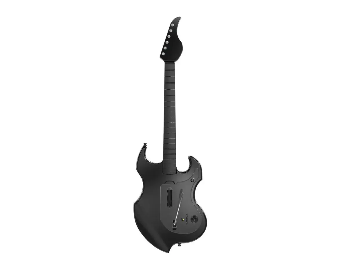 Czarna gitara kontroler do gry Guitar Hero na PS5, gotowa do rockowych riffów.