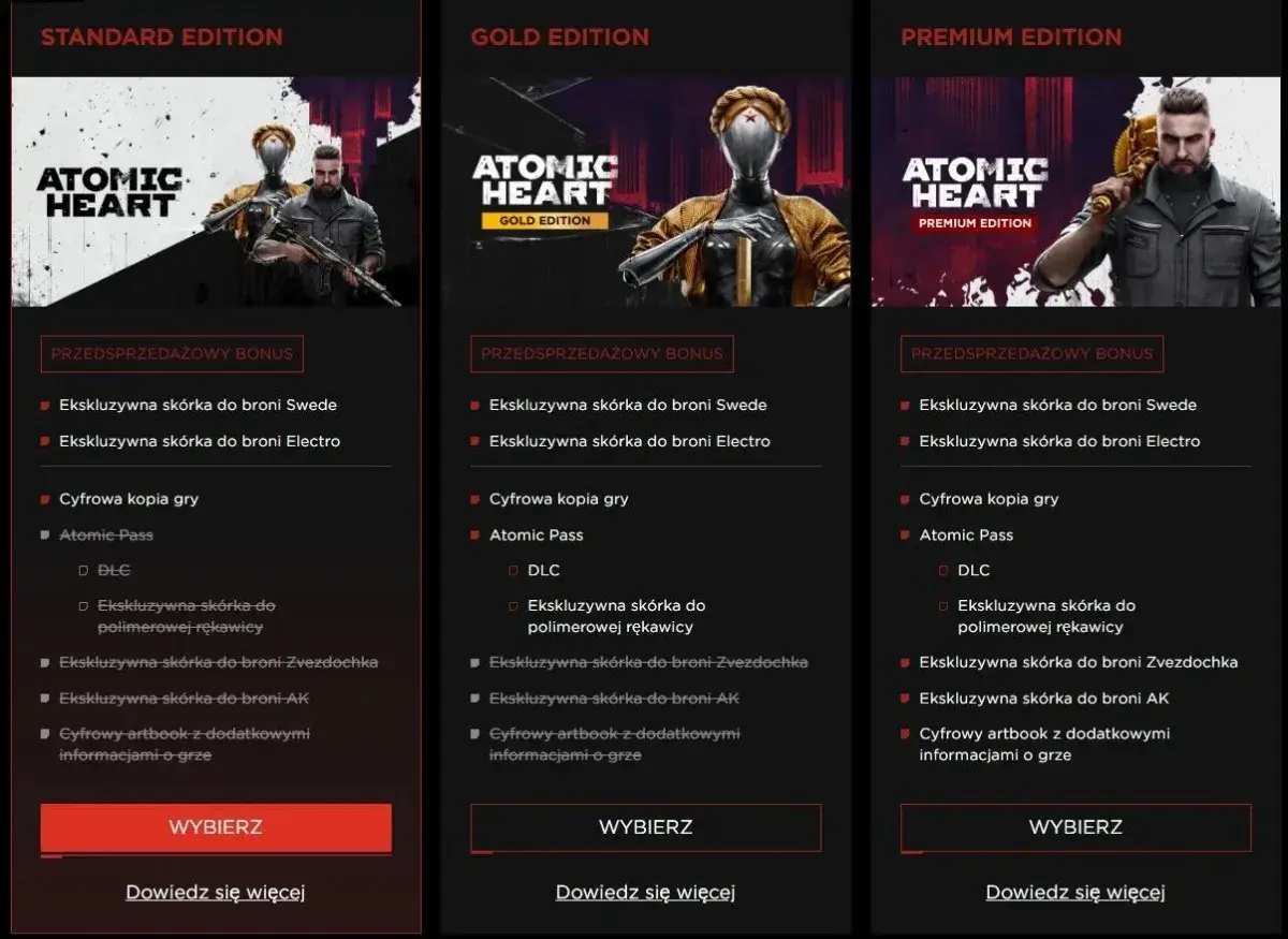 Porównanie edycji Atomic Heart: Standard, Gold i Premium. Edycja Gold i Premium zawierają Atomic Pass, cyfrową kopię gry i bonusy.
