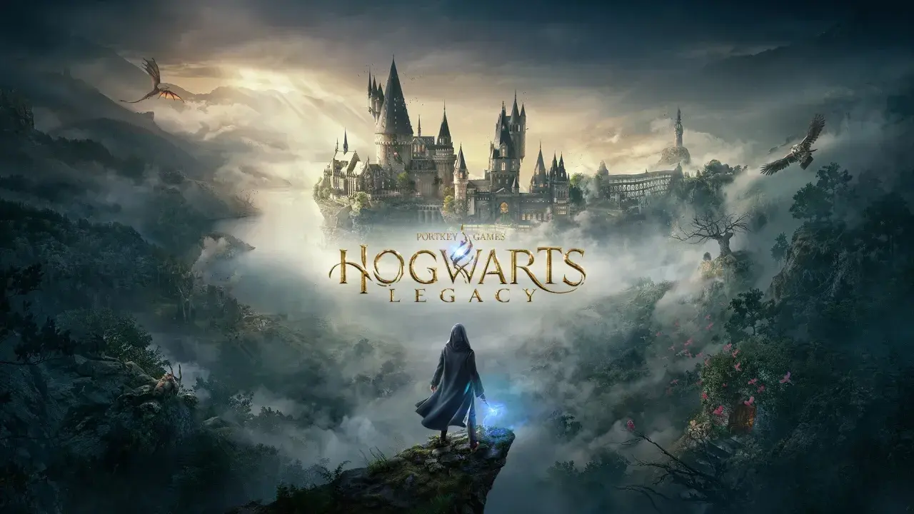 Magiczny świat Hogwartu w grze Hogwarts Legacy, z zamkiem, smokami i orłem. Czekamy na kolejne DLC!