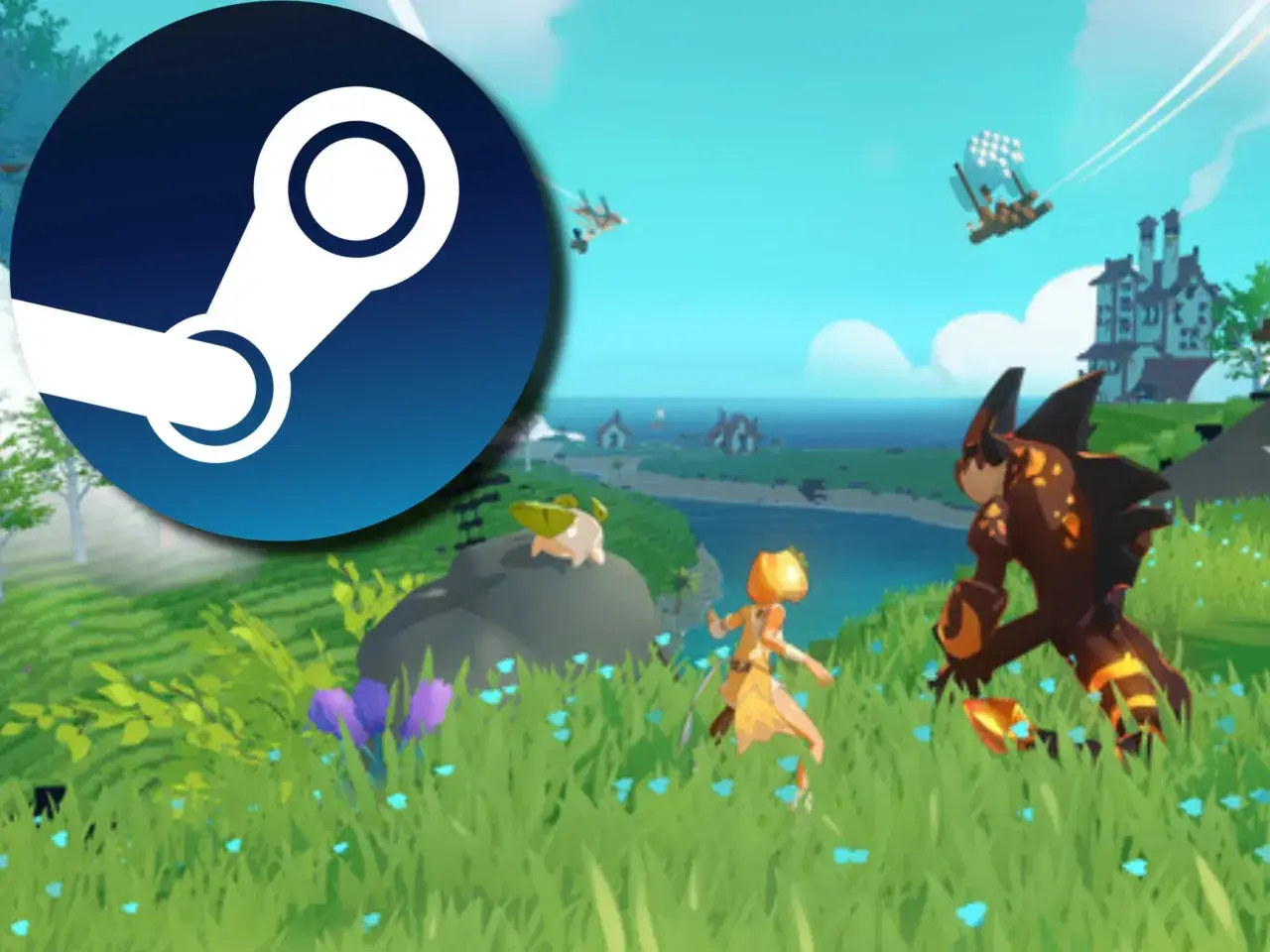 Logo Steam na tle kolorowej gry z postaciami przypominającymi pokemony, w tym walczący potwór i dziewczyna.