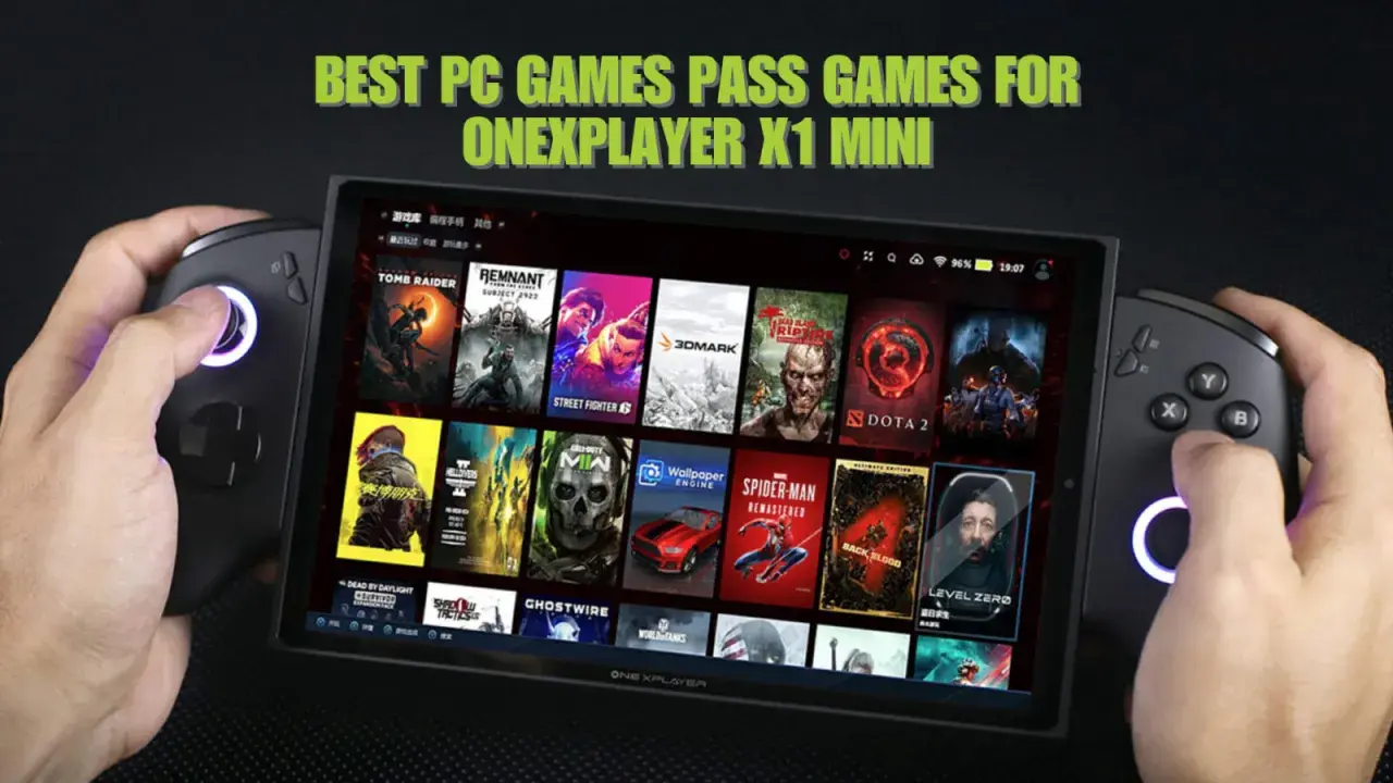 Ręce trzymają przenośną konsolę z widoczną listą gier na PC. To świetna game pass pc lista gier na OneXPlayer X1 Mini.