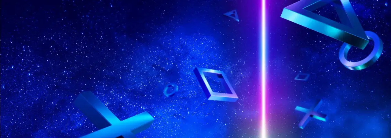 Gwieździste niebo z symbolami PlayStation. Trójkąt, kwadrat, kółko i krzyżyk unoszą się w kosmosie, a między nimi rozbłyska neonowy promień.