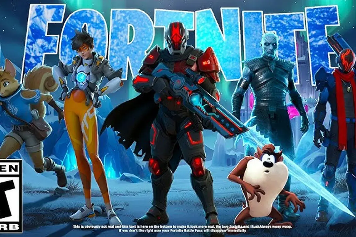 Postacie z Fortnite, w tym Tracers, w zimowej scenerii. To zapowiedź, który jest sezon w Fortnite, z Tasmanskim Diabłem.
