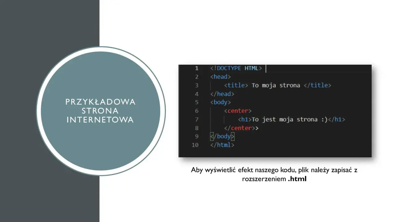 Przykładowa strona internetowa HTML na informatykę: kod z nagłówkiem i tekstem. Zapisz plik z rozszerzeniem .html.