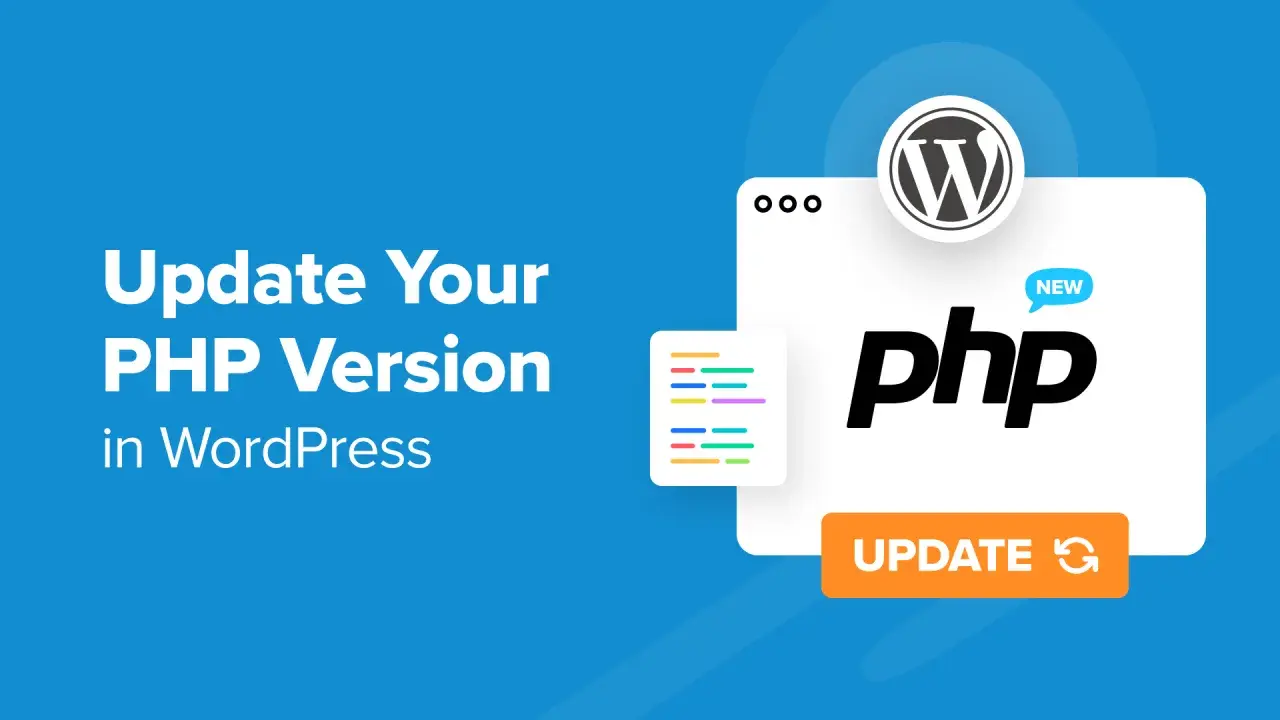 Jak zaktualizować PHP w WordPress? Grafika pokazuje logo WordPress, napis "php" z etykietą "NEW" i przycisk "UPDATE".