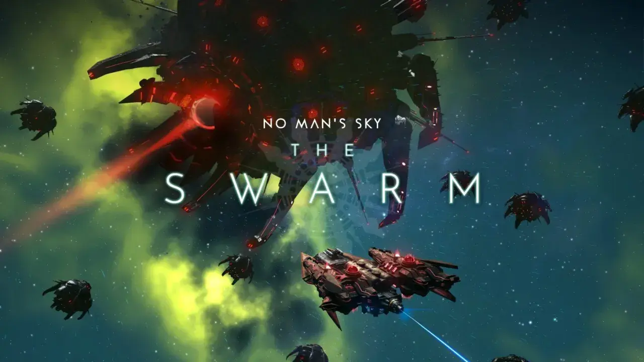 No Man's Sky aktualizacja "The Swarm" - ogromny statek kosmiczny i roje mniejszych jednostek w kosmicznej bitwie.