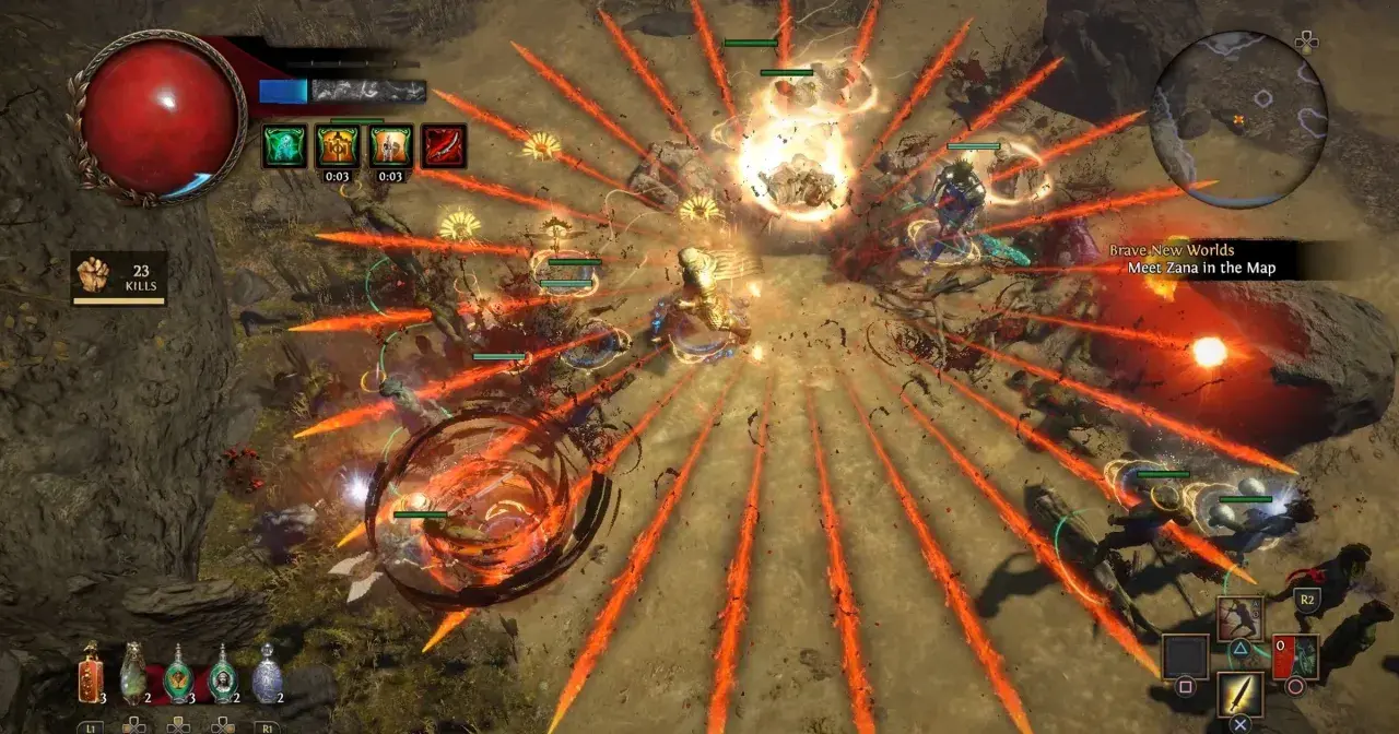 Intensywna walka w Path of Exile po polsku. Postać walczy z hordą wrogów, używając ognistych zaklęć.