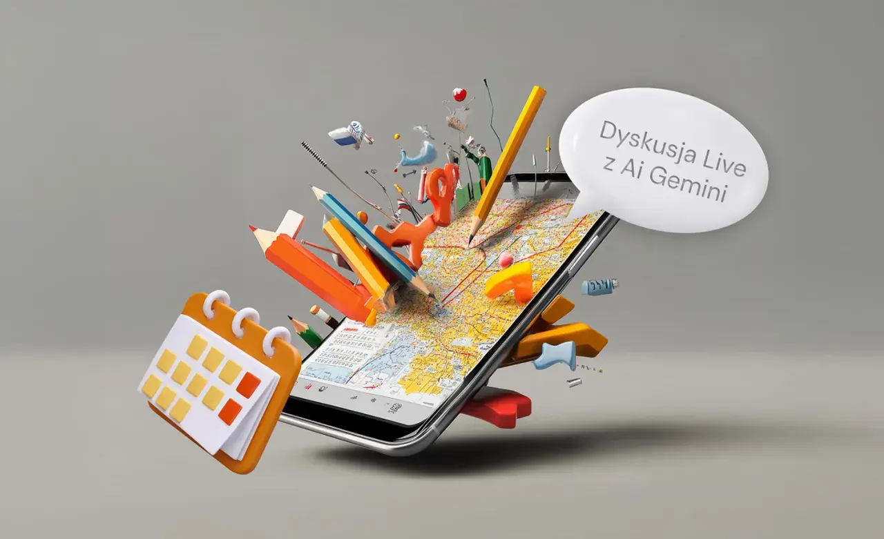 Telefon z mapą i ikonami symbolizującymi naukę. Dyskutuj z Ai Gemini, poznaj co to jest sztuczna inteligencja w telefonie.