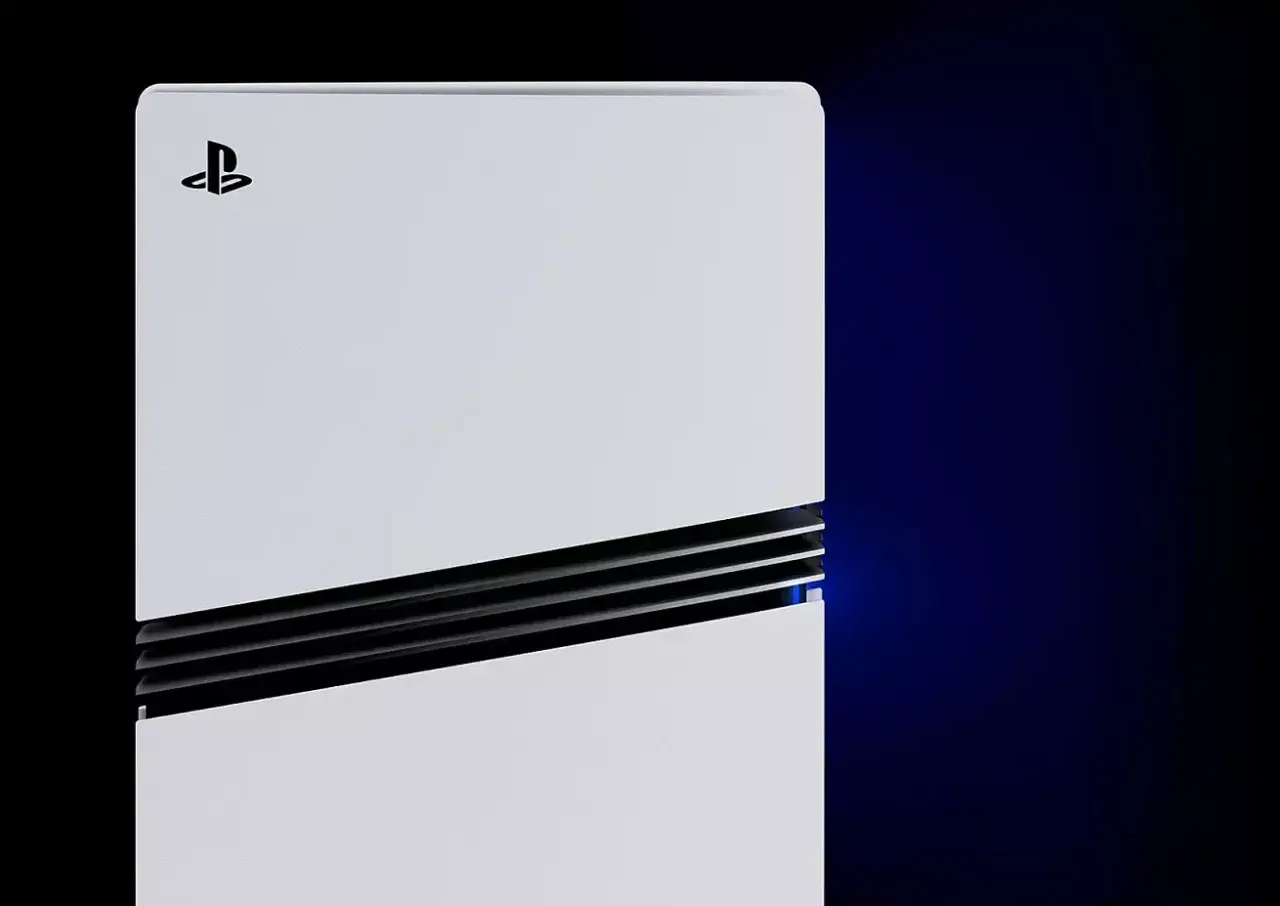 Biała konsola PlayStation 5 leży poziomo, z niebieskim światłem emanującym z bocznego otworu wentylacyjnego.