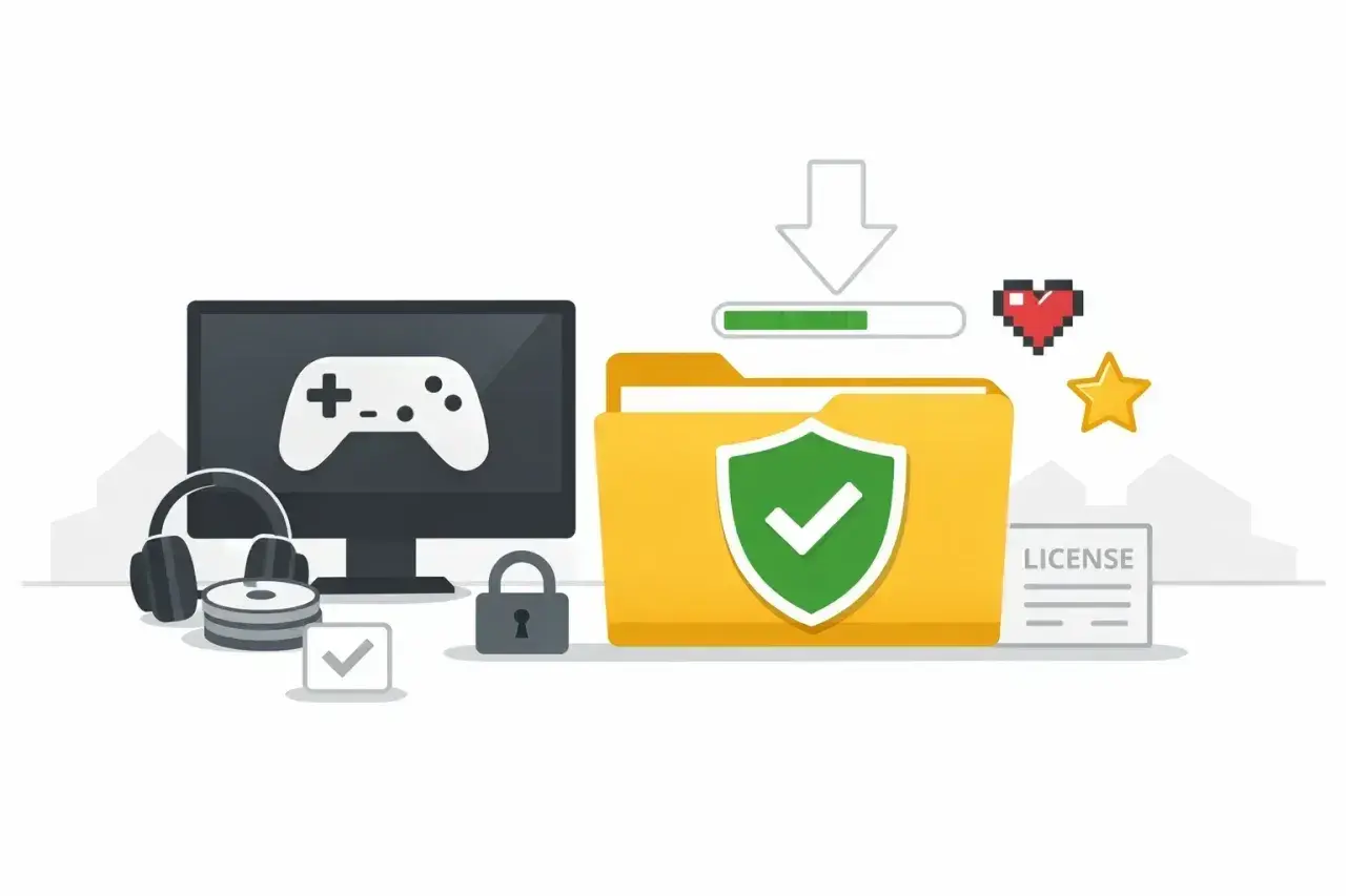 Komputer z padem, słuchawki, płyty, kłódka i folder z tarczą symbolizują bezpieczne pobieranie **free gry na Steam**.
