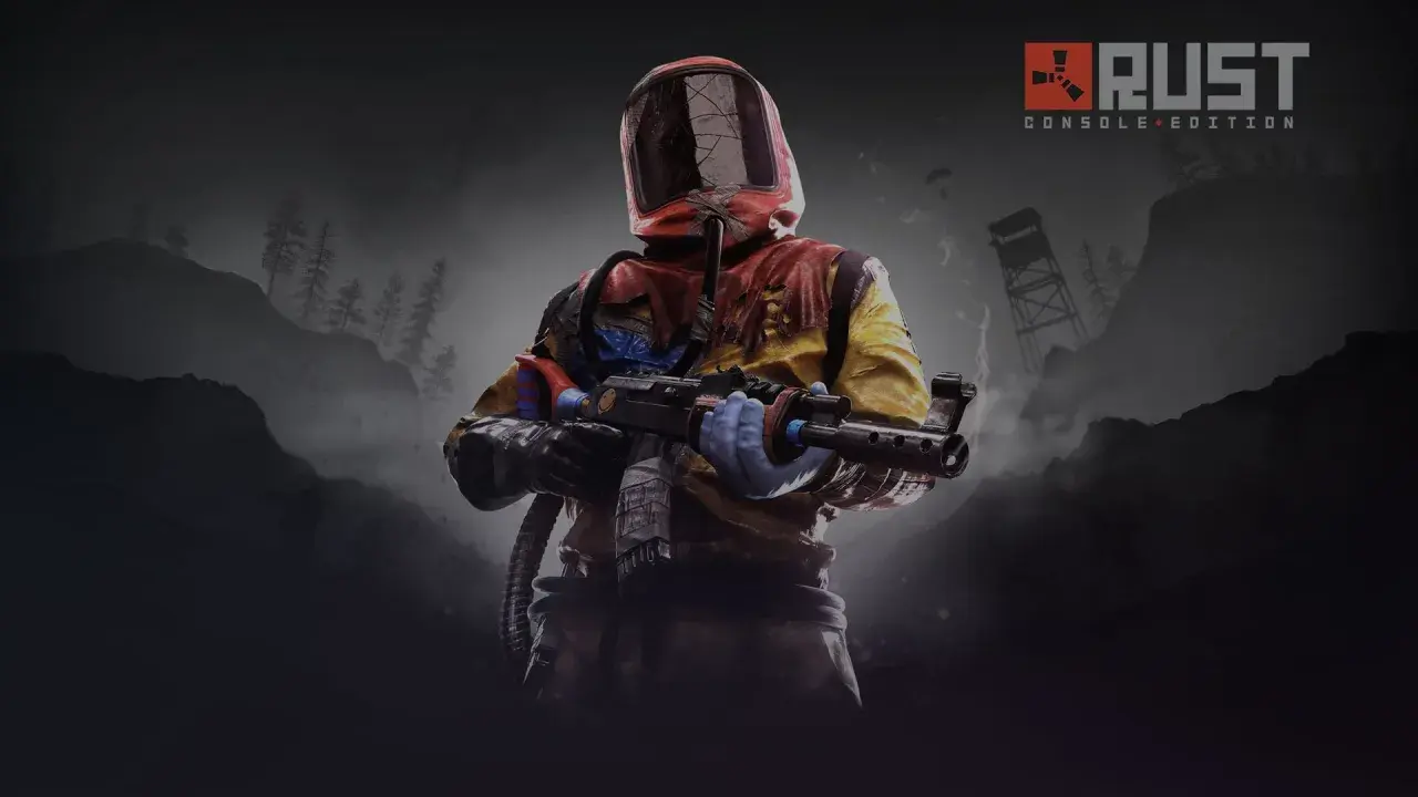 Postać w kombinezonie z bronią, gotowa do walki w świecie Rust. Ciesz się możliwością **Rust crossplay** na konsolach!