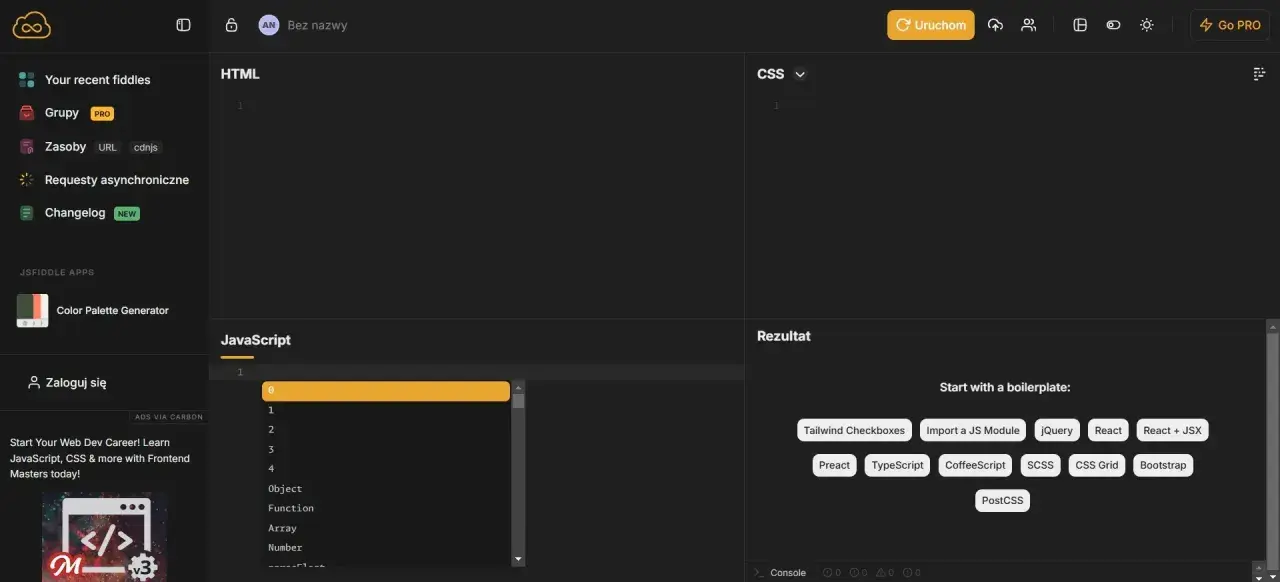 Edytor kodu online, gdzie pisać HTML, CSS i JavaScript. Widoczny panel z opcjami i podgląd wyników.