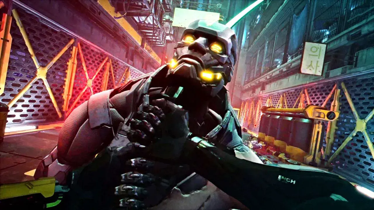 Cyberpunkowy android z żółtymi oczami, w mrocznym zaułku. Jego pancerz nosi ślady walki, symbolizując valor mortis.