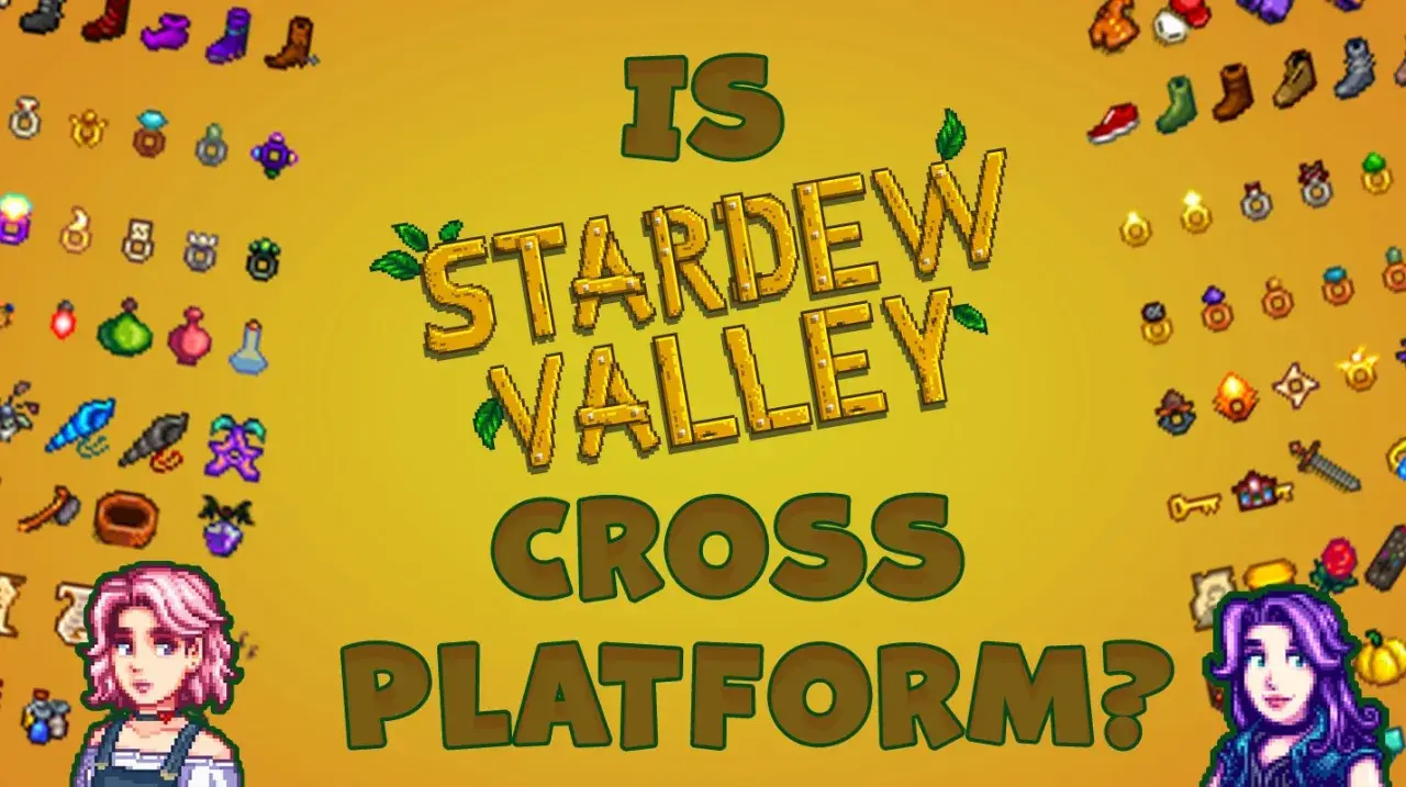 Czy Stardew Valley cross platform? Grafika przedstawia ikony przedmiotów z gry i pytanie o możliwość wspólnej gry między platformami.