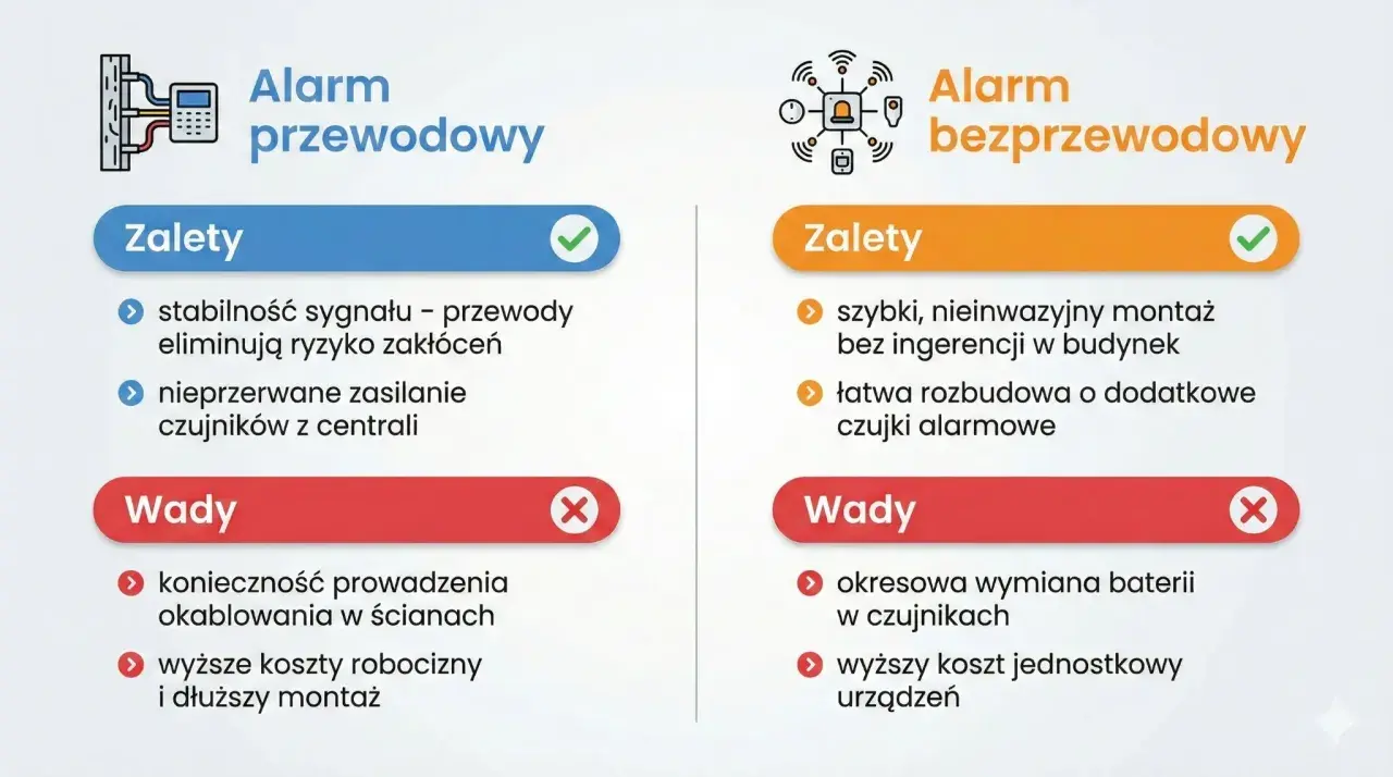 Porównanie alarmów: przewodowy (stabilny, zasilany z centrali) vs bezprzewodowy (szybki montaż, łatwa rozbudowa). Dowiedz się, jak uzbroić alarm w domu.