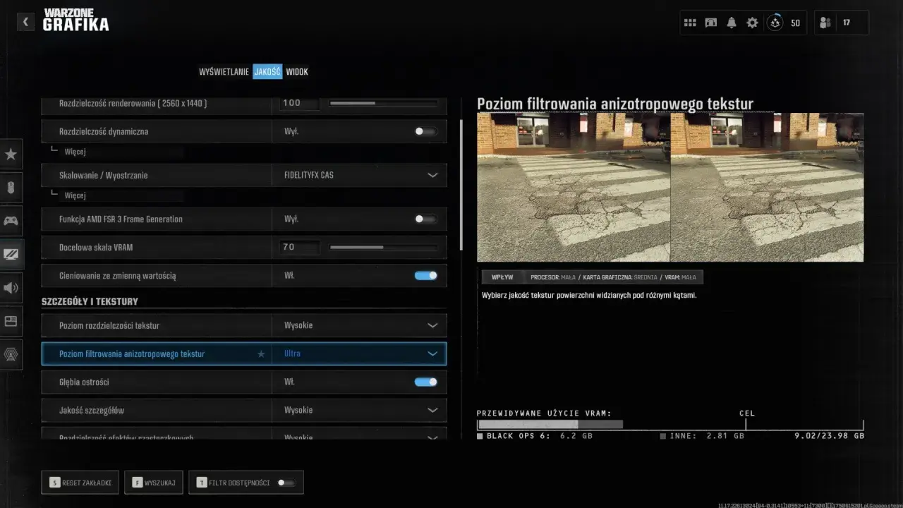 Ustawienia grafiki w Warzone na PS5: Poziom filtrowania anizotropowego tekstur ustawiony na Ultra.