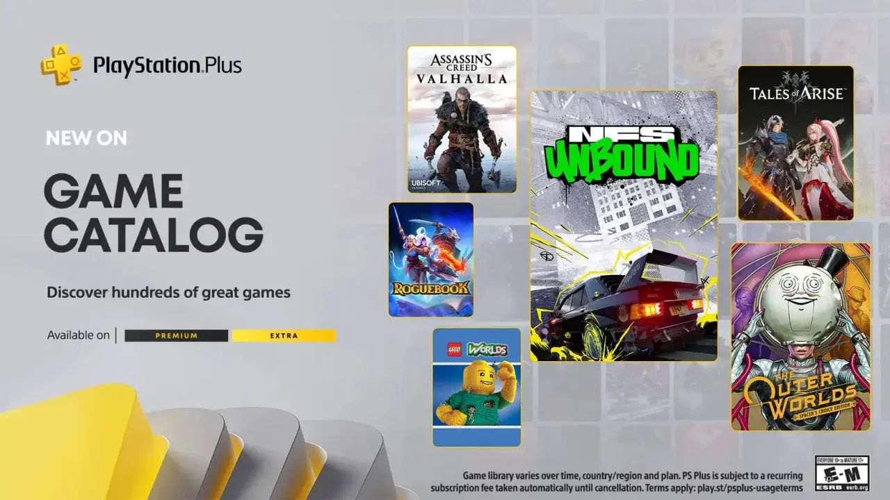 Okładka gry Need for Speed Unbound na PS4, obok Assassin's Creed Valhalla, Roguebook, Tales of Arise i The Outer Worlds.