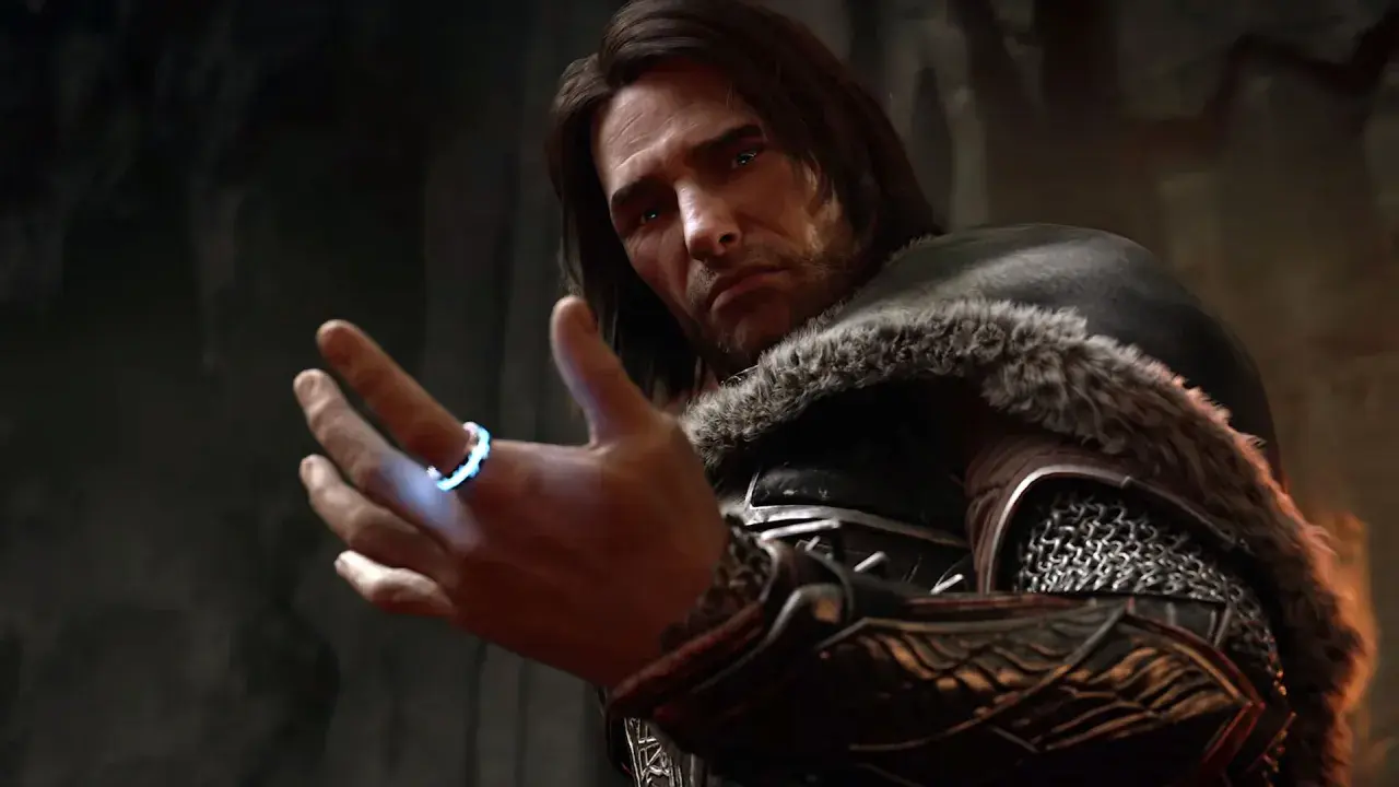 Talion z Middle-earth: Shadow of War z magicznym pierścieniem na palcu, gotowy do walki.
